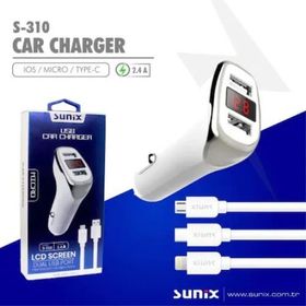 Sunix S310 Çift Çıkışlı Type-C 2.4A Dijital Göstergeli Araç Şarj Aleti Set