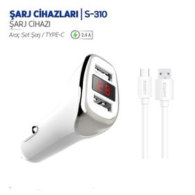 Sunix S310 Çift Çıkışlı Type-C 2.4A Dijital Göstergeli Araç Şarj Aleti Set