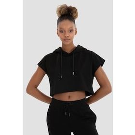 Superstacy Alice Kapüşonlu Kısa Kollu Siyah Crop Sweatshirt