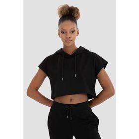 Superstacy Alice Kapüşonlu Kısa Kollu Siyah Crop Sweatshirt