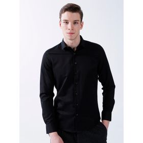 Süvari Klasik Yaka Slim Fit Armürlü Siyah Erkek Gömlek