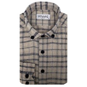 Süvari Slim Fit Desenli Flanel Uzun Bej Erkek Gömlek