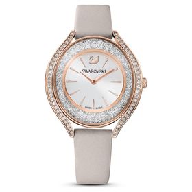 Swarovski 5519450 Crystalline Aura Ls Deri Kayış Gri Pembe Altın Rengi Kaplama Kol Saati