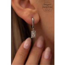 Swarovski Taşlı Dikdörtgen Baget Model Gümüş Zirconia Küpe