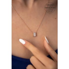 Swarovski Taşlı Dikdörtgen Model Rose Zirconia Gümüş Kolye