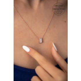 Swarovski Taşlı Dikdörtgen Model Rose Zirconia Gümüş Kolye