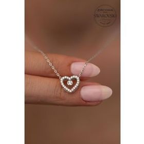 Swarovski Taşlı Kalp ve Tektaş Model Zirconia Gümüş Kolye