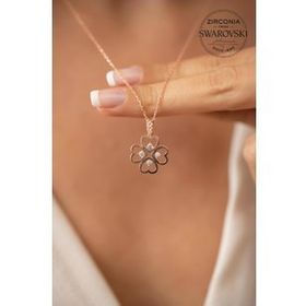 Swarovski Taşlı Kalp ve Yonca Model Rose Kaplama Zirconia Gümüş Kolye