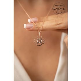 Swarovski Taşlı Kalp ve Yonca Model Rose Kaplama Zirconia Gümüş Kolye