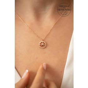 Swarovski Taşlı Kutup Yıldızı Model Rose Kaplama Zirconia Gümüş Kolye