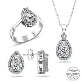Swarovski Taşlı Sertifikalı Damla Gümüş Kolye Küpe Yüzük Set