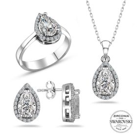 Swarovski Taşlı Sertifikalı Damla Gümüş Kolye Küpe Yüzük Set