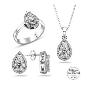 Swarovski Taşlı Sertifikalı Damla Gümüş Kolye Küpe Yüzük Set