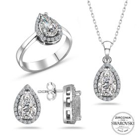 Swarovski Taşlı Sertifikalı Damla Gümüş Kolye Küpe Yüzük Set