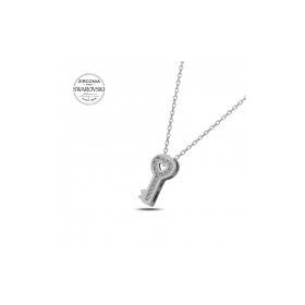 Swarovski Zirconia Taşlı Kalpli Anahtar 925 Ayar Gümüş Kolye