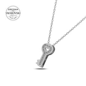 Swarovski Zirconia Taşlı Kalpli Anahtar 925 Ayar Gümüş Kolye