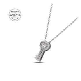 Swarovski Zirconia Taşlı Kalpli Anahtar 925 Ayar Gümüş Kolye