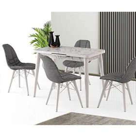 Sweet Home Mini Silva 60x100 cm Açılır Beyaz Mermer Masa + 4 Adet Defne Sandalye Takım
