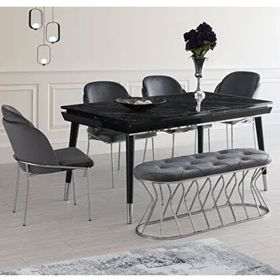 Sweet Home Roma Açılır Siyah Mermer Salon Masası + 4 Adet Limon Krom Sandalye + 1 Adet Krom Bench Puf