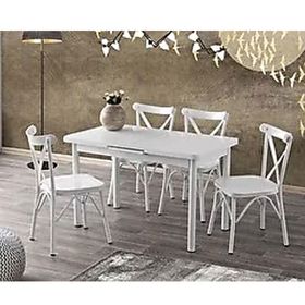 Sweet Home Silva 70x120 cm Açılır Beyaz Mermer Masa + 4 Adet Çapraz Sandalye Takımı