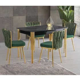 Sweet Home Venüs Açılır İrony Desen Sütun Gold Ayaklı MDF Masa ve 4 Adet Örgülü Ay Gold Sandalye