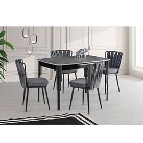 Sweet Home Venüs Açılır Retro Desen Sütun Siyah Ayak MDF Masa ve 4 Adet Örgülü Ay Siyah Sandalye