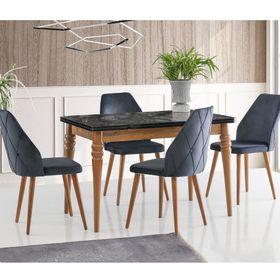 Sweet Home Yanlardan Açılır Yakamoz Siyah Mermer Topkapı Ceviz Ayak Masa + 4 Adet Hira Ceviz Ayak Sandalye