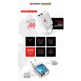 Swiss Charger SCH-40027 17 W 2 Çıkışlı USB Hızlı Şarj Adaptörü