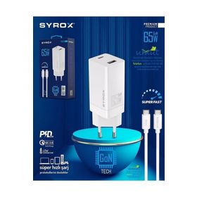 Syrox GAN65 Type-C + USB Giriş Başlık + Type-C Kablo 65W Quick Şarj Seti