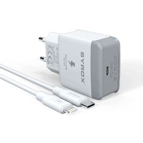 Syrox PD18L 3.0A 18W PD 1 mt Type-C Lightning Kablolu 1X Type-C Port Çıkışlı Beyaz Şarj Cihazı
