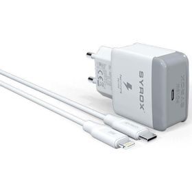 Syrox PD18L 3.0A 18W PD 1 mt Type-C Lightning Kablolu 1X Type-C Port Çıkışlı Beyaz Şarj Cihazı