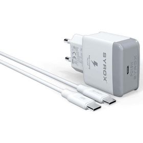 Syrox PD18T 3.0A 18W PD 1 mt Type-C Type-C Kablolu 1X Type-C Port Çıkışlı Beyaz Şarj Cihazı