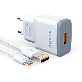 Syrox Q20 2.0A 1 mt USB-A Micro USB Kablolu 1XUSB-A Port Çıkışlı Beyaz Şarj Cihazı