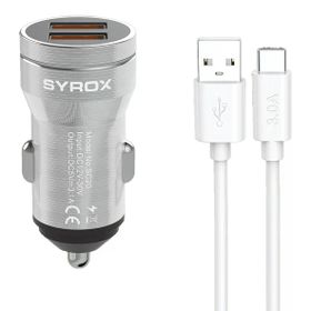 Syrox SC20T 3.1A Q.C. 3.0 1 mt USB-A Type-C Kablolu 2XUSB-A Port Çıkışlı Hızlı Gri Araç Şarj Cihazı