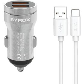 Syrox SC20T 3.1A Q.C. 3.0 1 mt USB-A Type-C Kablolu 2XUSB-A Port Çıkışlı Hızlı Gri Araç Şarj Cihazı