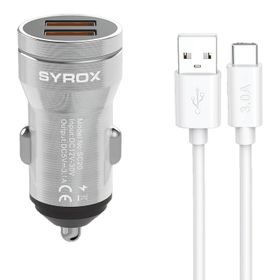 Syrox SC20T 3.1A Q.C. 3.0 1 mt USB-A Type-C Kablolu 2XUSB-A Port Çıkışlı Hızlı Gri Araç Şarj Cihazı