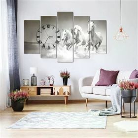 Tablolife 60x100 cm Beyaz Atlar 5 Parçalı Saatli Kanvas Tablo