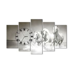 Tablolife 60x100 cm Beyaz Atlar 5 Parçalı Saatli Kanvas Tablo