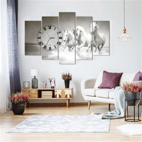 Tablolife 60x100 cm Beyaz Atlar 5 Parçalı Saatli Kanvas Tablo
