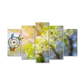 Tablolife 60x100 cm Beyaz Çiçek 5 Parçalı Saatli Kanvas Tablo