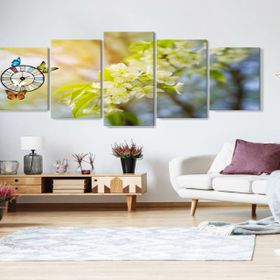 Tablolife 60x100 cm Beyaz Çiçek 5 Parçalı Saatli Kanvas Tablo