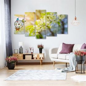 Tablolife 60x100 cm Beyaz Çiçek 5 Parçalı Saatli Kanvas Tablo