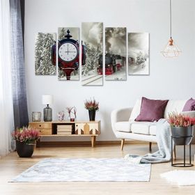 Tablolife 60x100 cm Buharlı Tren Saatli 5 Parçalı Kanvas Tablo