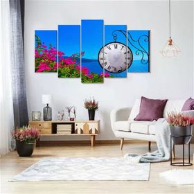 Tablolife 60x100 cm Deniz ve Çiçekler Saatli 5 Parçalı Kanvas Tablo
