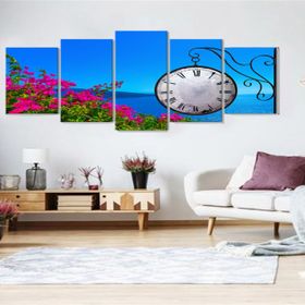 Tablolife 60x100 cm Deniz ve Çiçekler Saatli 5 Parçalı Kanvas Tablo