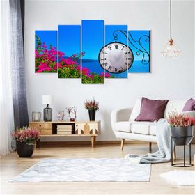 Tablolife 60x100 cm Deniz ve Çiçekler Saatli 5 Parçalı Kanvas Tablo