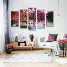 Tablolife Göl Kenarındaki Pembe Ağaç 60 x 100 cm 5 Parçalı Kanvas Tablo