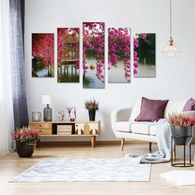 Tablolife Göl Kenarındaki Pembe Ağaç 60 x 100 cm 5 Parçalı Kanvas Tablo