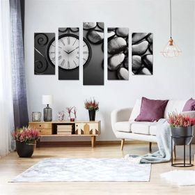 Tablolife Islak Taşlar 60 x 100 cm Saatli 5 Parçalı Kanvas Tablo
