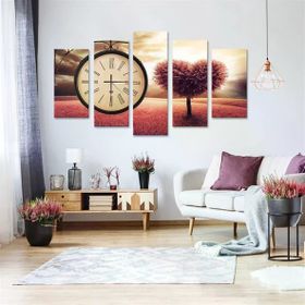 Tablolife Kalp Ağacı 60 x 90 cm Saatli 5 Parçalı Kanvas Tablo